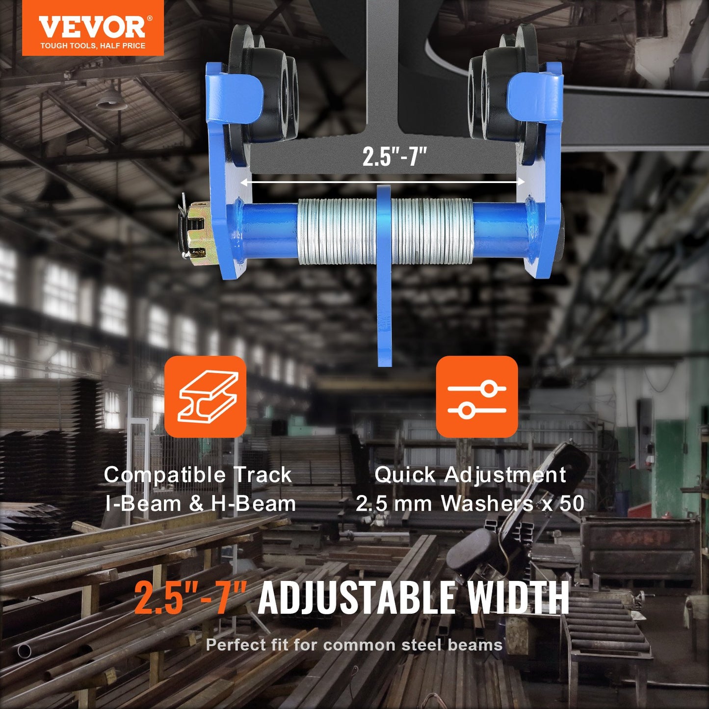 Manual Trolley, 2 Ton Load Capacity, Push Beam Trolley with Dual Wheels, Adjustable for I-Beam Flange Width 63.5 mm to 177.8 mm, Heavy Duty Alloy Steel Garage Hoist for Straight Curved I Beam