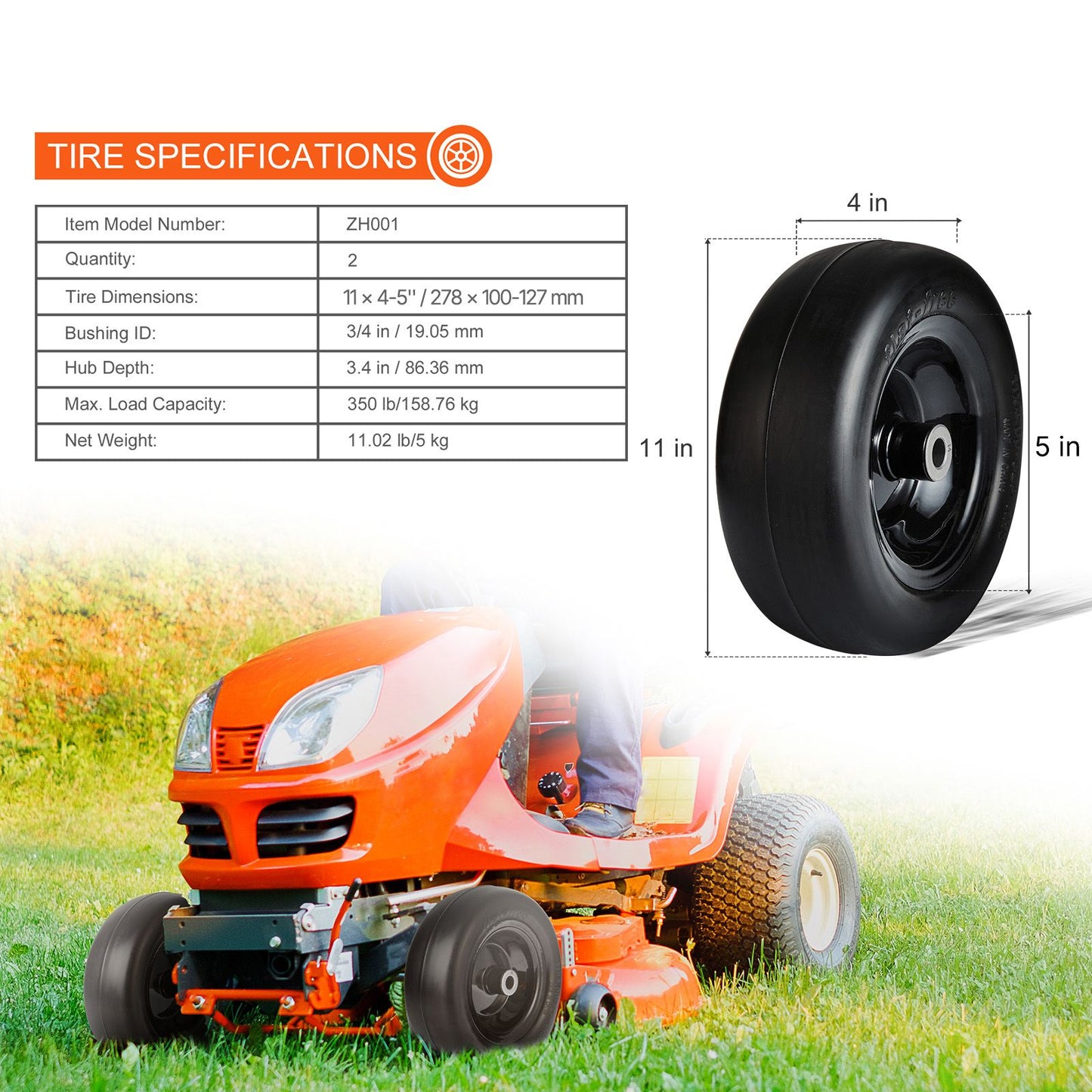 Lawn Mower Tires with Rim, 11x4-7" Tubeless Tractor Tires, 2-Pack Tire and Wheel Assemby, Flat-free PU Tire, 3.4" Centered Hub, 3/4" Bushing Size, 20 PCS Adapters for Riding Mowers Lawn Tractors
