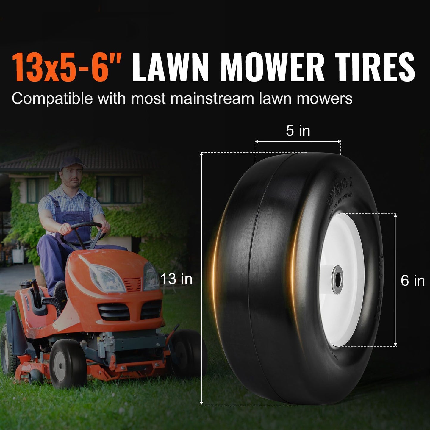 Lawn Mower Tires with Rim, 13x5-6" Tubeless Tractor Tires, 2-Pack Tire and Wheel Assembly, Flat-free PU Tires, 3.25"-5.9" Centered Hub, 3/4" Bushing Size, 20 PCS Adapter for Lawn Mowers Tractors