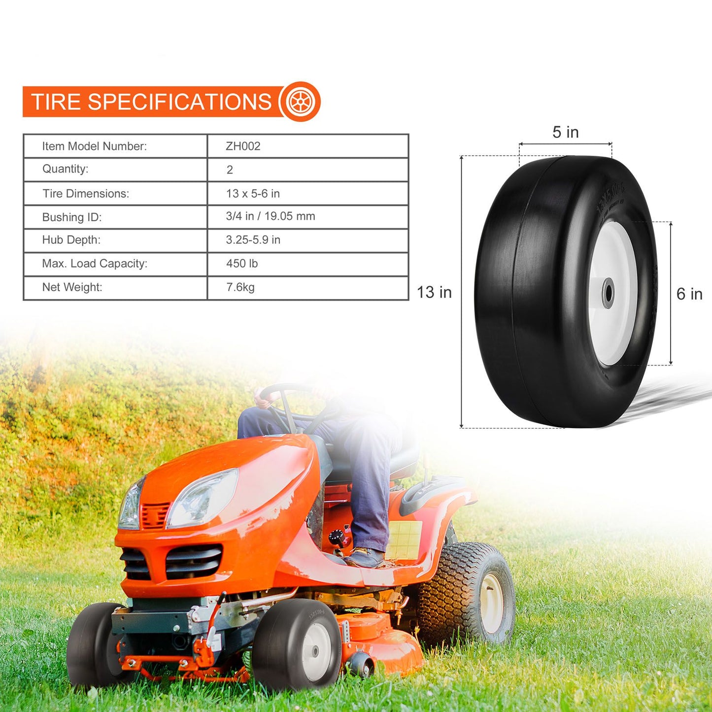 Lawn Mower Tires with Rim, 13x5-6" Tubeless Tractor Tires, 2-Pack Tire and Wheel Assembly, Flat-free PU Tires, 3.25"-5.9" Centered Hub, 3/4" Bushing Size, 20 PCS Adapter for Lawn Mowers Tractors