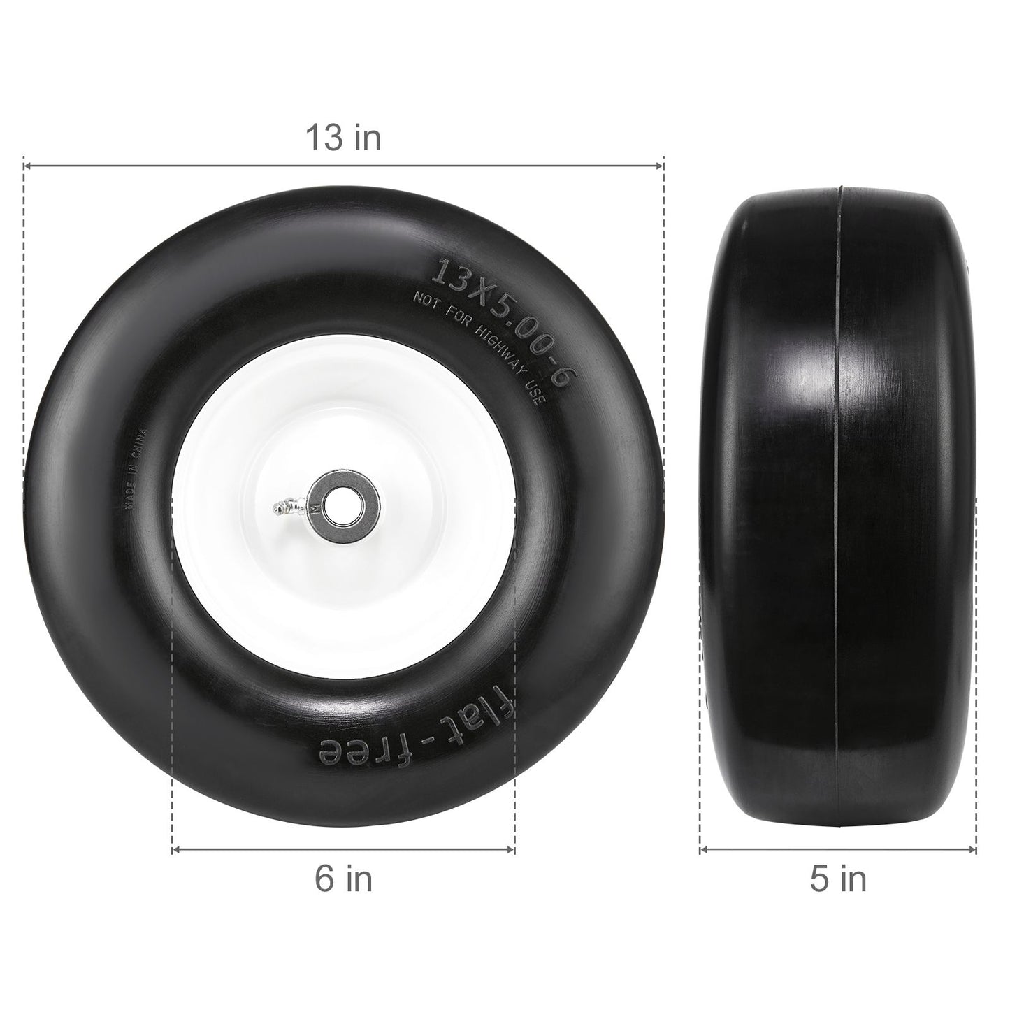 Lawn Mower Tires with Rim, 13x5-6" Tubeless Tractor Tires, 2-Pack Tire and Wheel Assembly, Flat-free PU Tires, 3.25"-5.9" Centered Hub, 3/4" Bushing Size, 20 PCS Adapter for Lawn Mowers Tractors