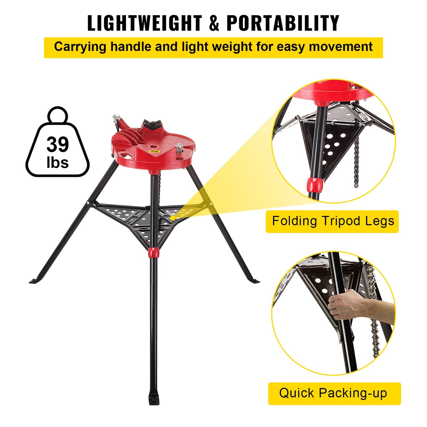 VEVOR Tripod Pipe Chain Vice Stand 1/8" to 6" w/ Steel Legs & Rubber Mounts Bib