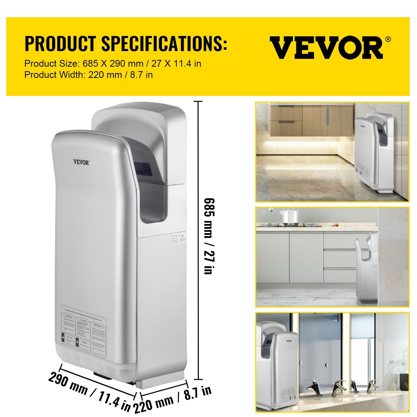 VEVOR Jet Hand Dryer Blade Hand Dryer Automatic High Speed for Washroom Silver