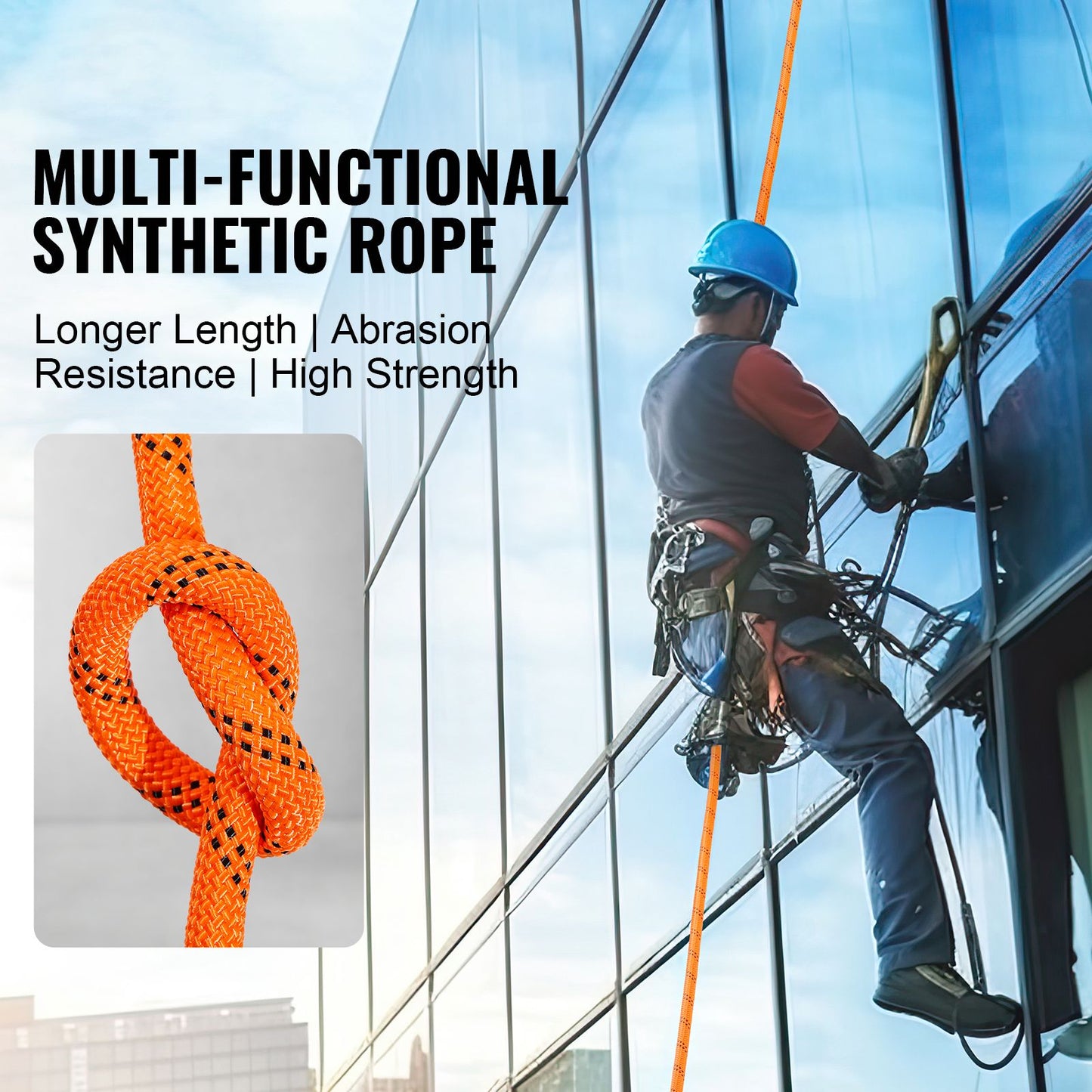 Double Braided Polyester Rope, 12.7 mm x 36.57 m, 48 Strands, 35.58kN Breaking Strength Outdoor Climbing Rope, Arborist Rigging Rope for Rock Hiking Camping Swing Rappelling Rescue, Orange/Black