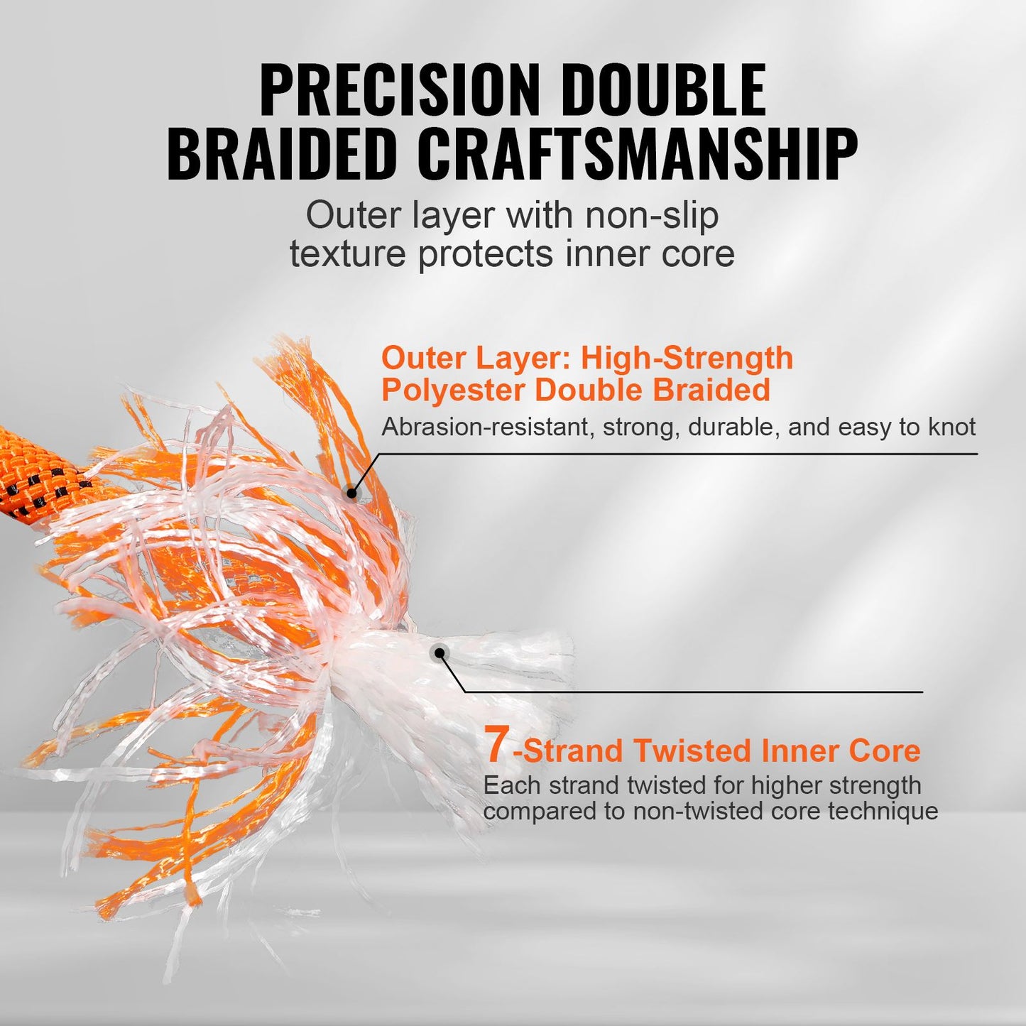 Double Braided Polyester Rope, 12.7 mm x 36.57 m, 48 Strands, 35.58kN Breaking Strength Outdoor Climbing Rope, Arborist Rigging Rope for Rock Hiking Camping Swing Rappelling Rescue, Orange/Black