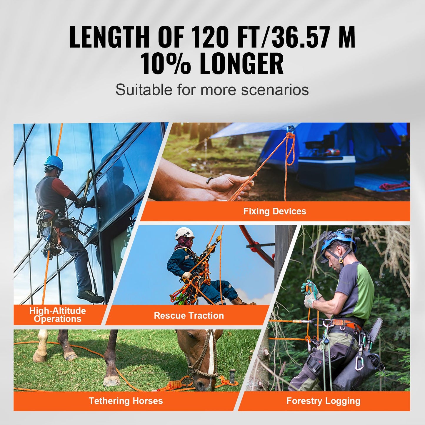 Double Braided Polyester Rope, 12.7 mm x 36.57 m, 48 Strands, 35.58kN Breaking Strength Outdoor Climbing Rope, Arborist Rigging Rope for Rock Hiking Camping Swing Rappelling Rescue, Orange/Black