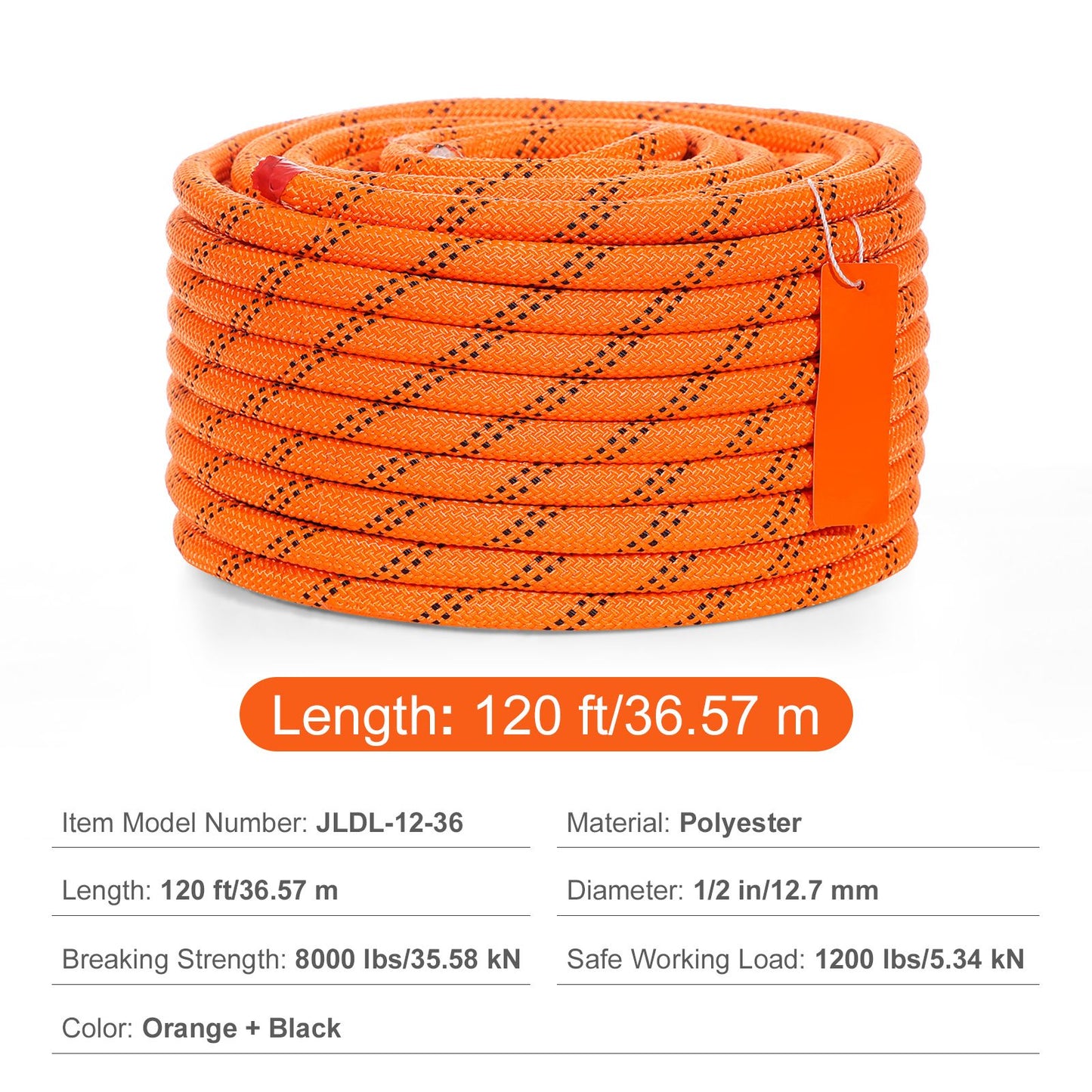 Double Braided Polyester Rope, 12.7 mm x 36.57 m, 48 Strands, 35.58kN Breaking Strength Outdoor Climbing Rope, Arborist Rigging Rope for Rock Hiking Camping Swing Rappelling Rescue, Orange/Black