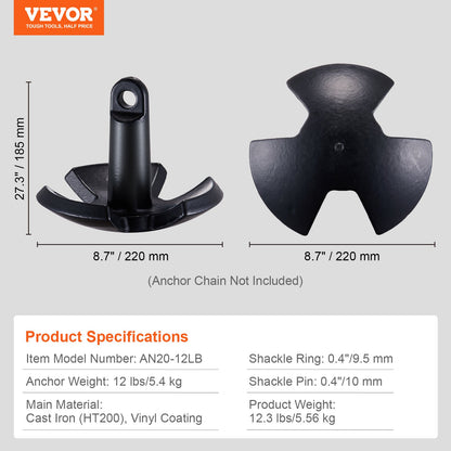 VEVOR River Anchor, 12 LBS Boat Anchor Cast Iron Black Vinyl-Coated with Shackle, Marine Grade Mushroom Anchor for Boats Up To 10 ft, Impressive Holding Power in River and Mud Bottom Lakes