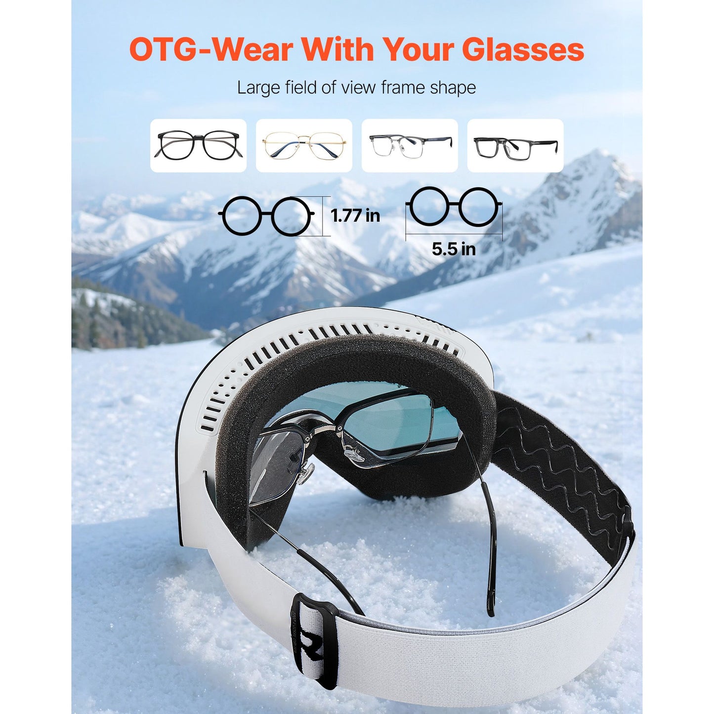 Frameless Ski Goggles, Magnet Cylindrical Lens with Pink Revo Coating, OTG Anti fog Snow Goggles for Men Women Youth, TPU Frame & Ventilation Structure, Fit for Skiing, Skating, Snowboarding