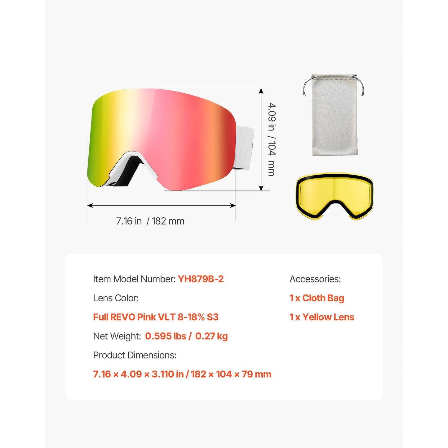 Frameless Ski Goggles, Magnet Cylindrical Lens with Pink Revo Coating, OTG Anti fog Snow Goggles for Men Women Youth, TPU Frame & Ventilation Structure, Fit for Skiing, Skating, Snowboarding
