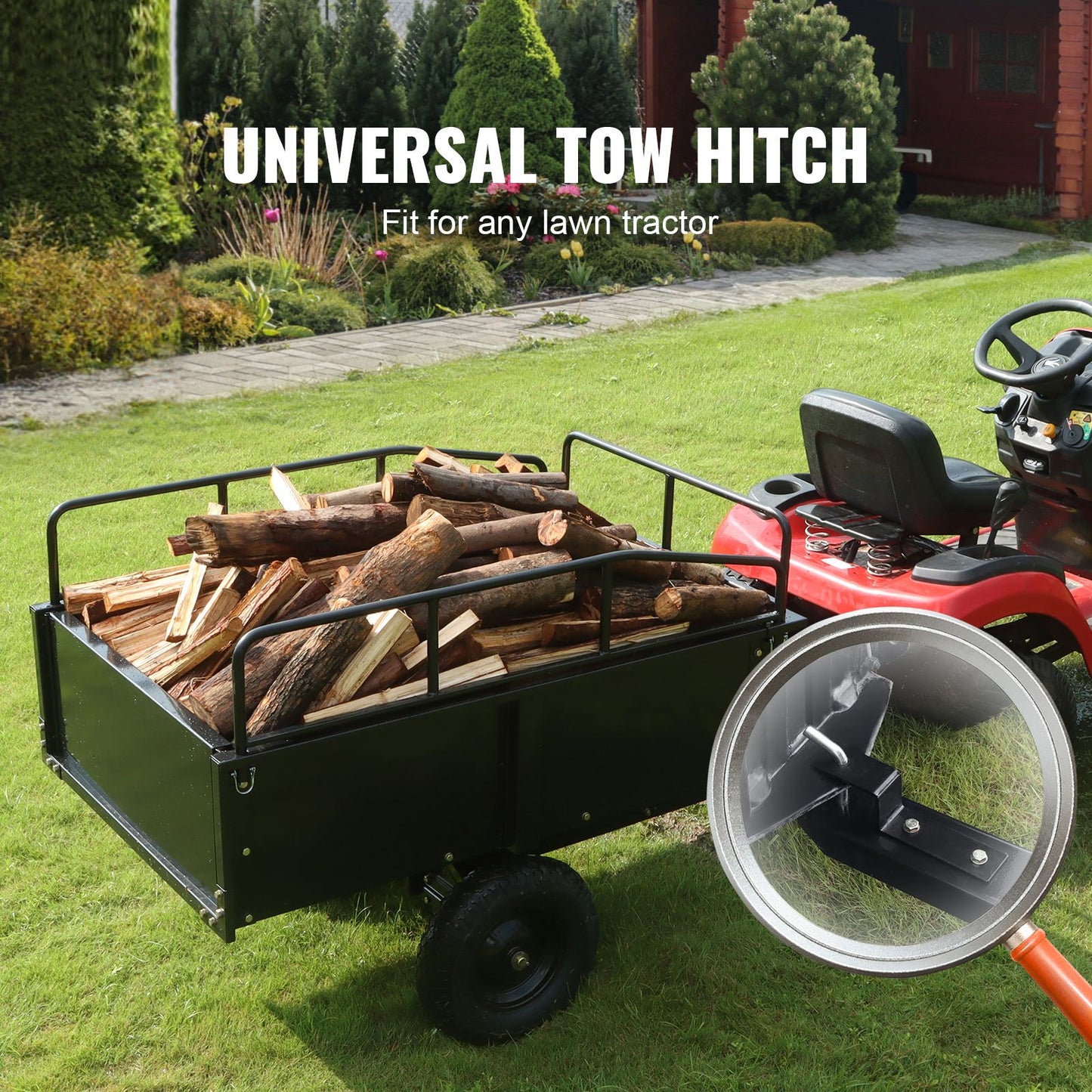 Heavy Duty ATV Trailer Steel Dump Cart, 750-Pound 15 Cubic Feet, Garden Utility Trailer with Removable Sides for Riding Lawn Mower Tractor