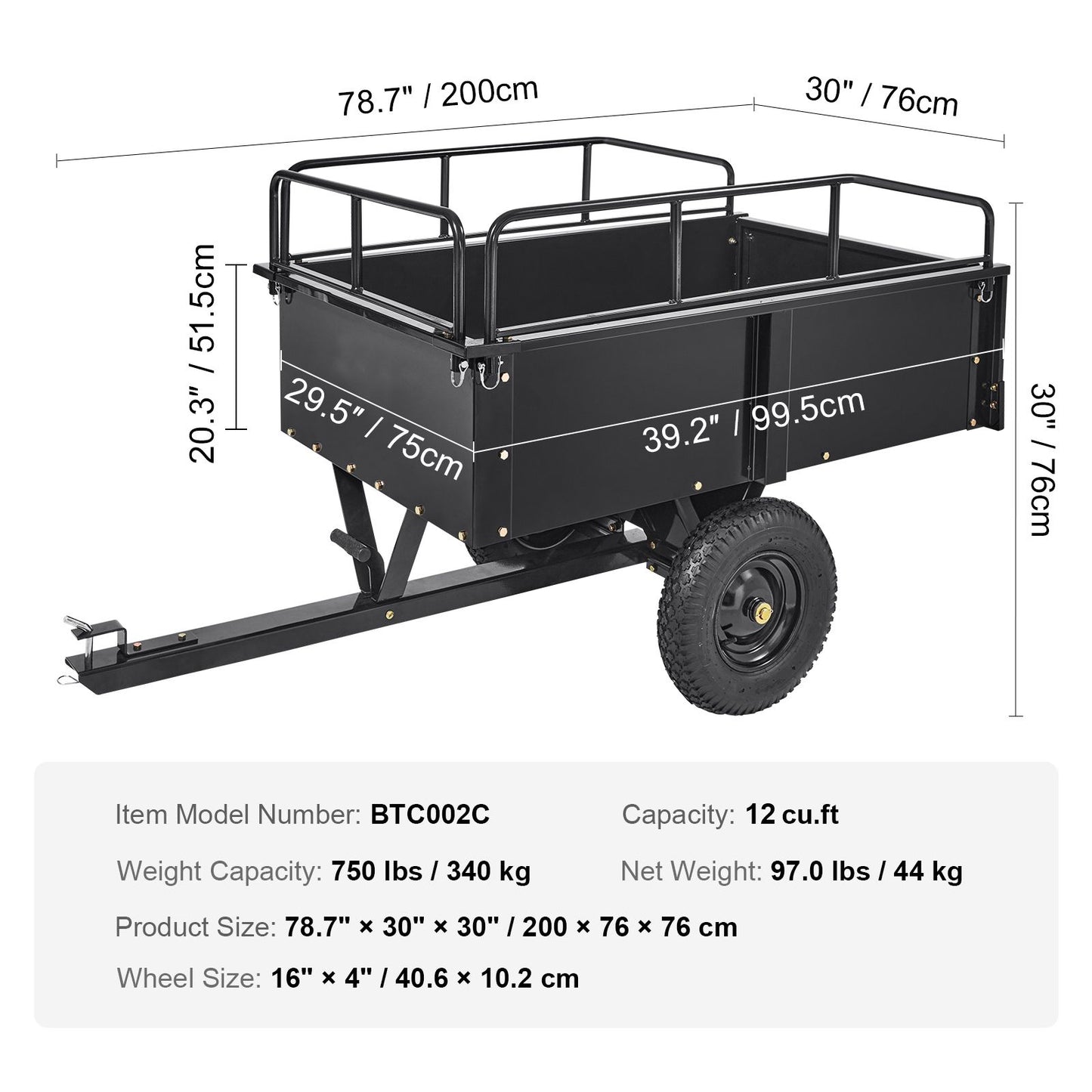 Heavy Duty ATV Trailer Steel Dump Cart, 750-Pound 15 Cubic Feet, Garden Utility Trailer with Removable Sides for Riding Lawn Mower Tractor