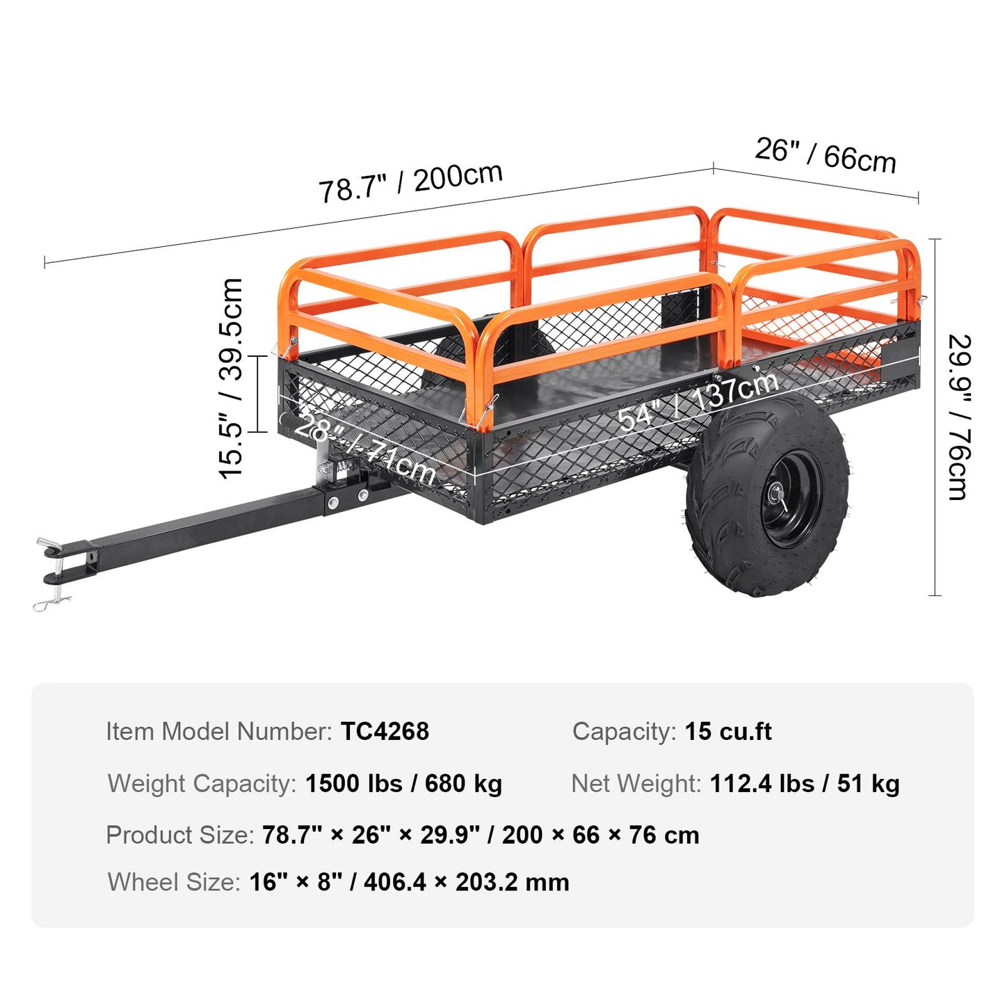Heavy Duty Steel ATV Dump Trailer, 1500-Pound Load Capacity 15 Cubic Feet, Tow Behind Dump Cart Garden Trailer, with Removable Sides and 2 Tires, for Mowers, Tractors, ATV, UTV
