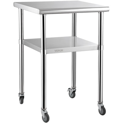 VEVOR Stainless Steel Prep Table, 61 x 61 x 91.4 cm, 600lbs Load Capacity Heavy Duty Metal Worktable with Adjustable Undershelf & Universal Wheels, Commercial Workstation for Kitchen Garage Backyard