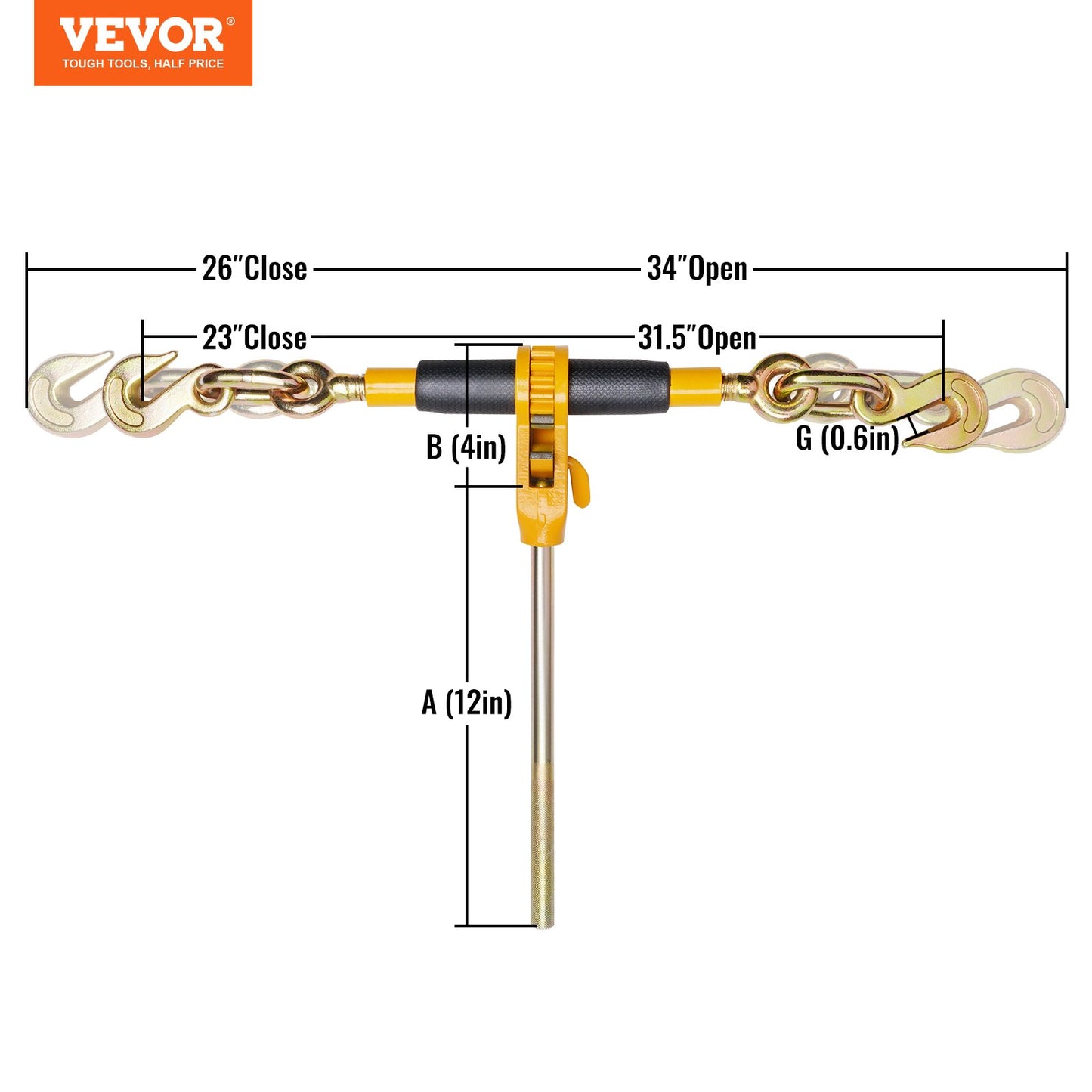 VEVOR Ratchet Chain Binder, 0.9-1.27 cm Heavy Duty Load Binders, with G80 Hooks 5443 kg Secure Load Limit, Labor-saving Anti-skid Handle, Tie Down Hauling Chain Binders for Flatbed Truck Trailer, 4 Pc