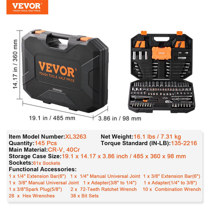 VEVOR Mechanics Tool Set and Socket Set 1/4in 3/8in Drive 145 Pcs SAE and Metric