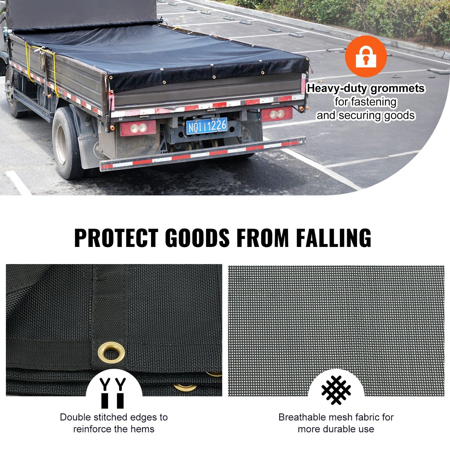 VEVOR Dump Truck Mesh Tarp, 5 x 14 ft, PVC Coated Black Heavy Duty Cover with 5.5" 18oz Double Pocket, Brass Grommets, Reinforced Double Needle Stitch Webbing Fits Manual or Electric Dump Truck System