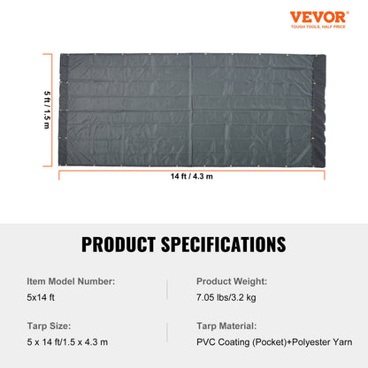 VEVOR Dump Truck Mesh Tarp, 5 x 14 ft, PVC Coated Black Heavy Duty Cover with 5.5" 18oz Double Pocket, Brass Grommets, Reinforced Double Needle Stitch Webbing Fits Manual or Electric Dump Truck System