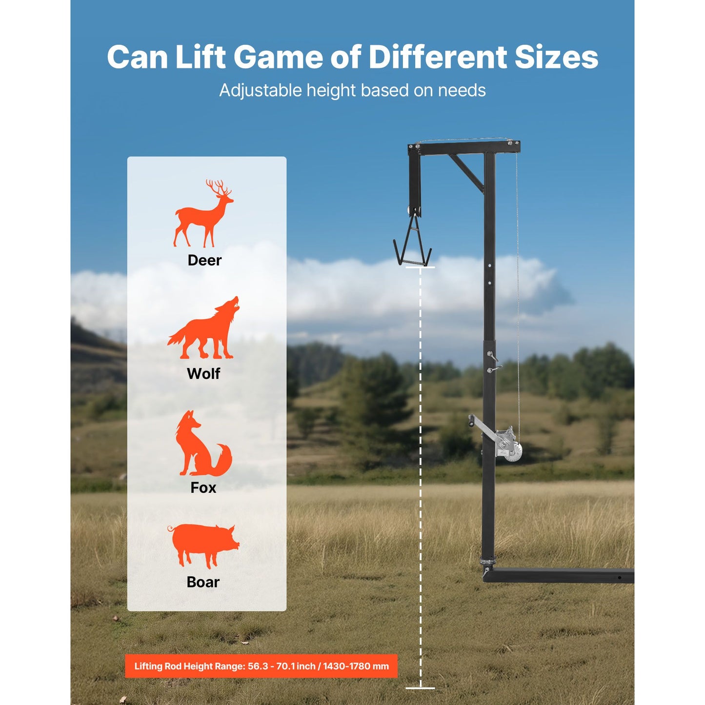 Truck Hitch Game Hoist, 300 lbs Load Capacity, Hunting Deer Hoist with 2-inch Receiver, 360-Degree Swivel Shaft & Adjustable Height, Includes Gambrel Winch for Skinning & Cleaning Game