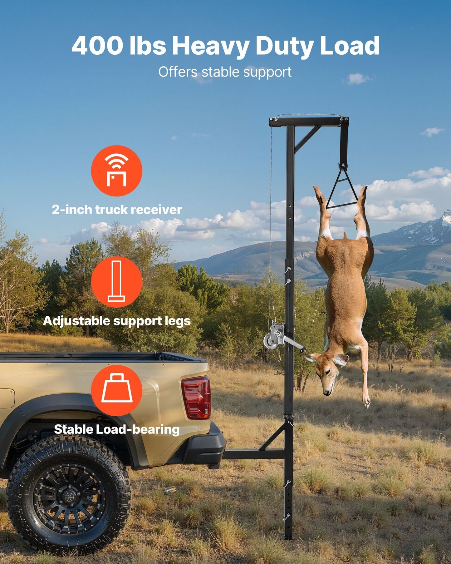 Truck Hitch Game Hoist, 400 lbs Load Capacity, Hunting Deer Hoist with 2-inch Receiver, 360-Degree Swivel Shaft & Adjustable Height, Includes Gambrel Winch for Skinning & Cleaning Game