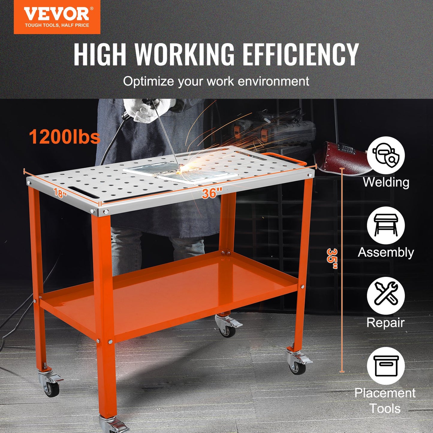 VEVOR 36" x 18" Welding Table, 1200lbs Load Capacity Steel Welding Workbench Table on Wheels, Portable Work Bench with Braking Lockable Casters, 4 Tool Slots, 5/8-inch Fixture Holes, Tool Tray