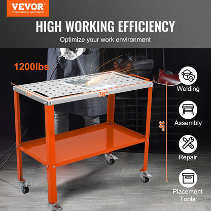 VEVOR 36" x 18" Welding Table, 1200lbs Load Capacity Steel Welding Workbench Table on Wheels, Portable Work Bench with Braking Lockable Casters, 4 Tool Slots, 5/8-inch Fixture Holes, Tool Tray