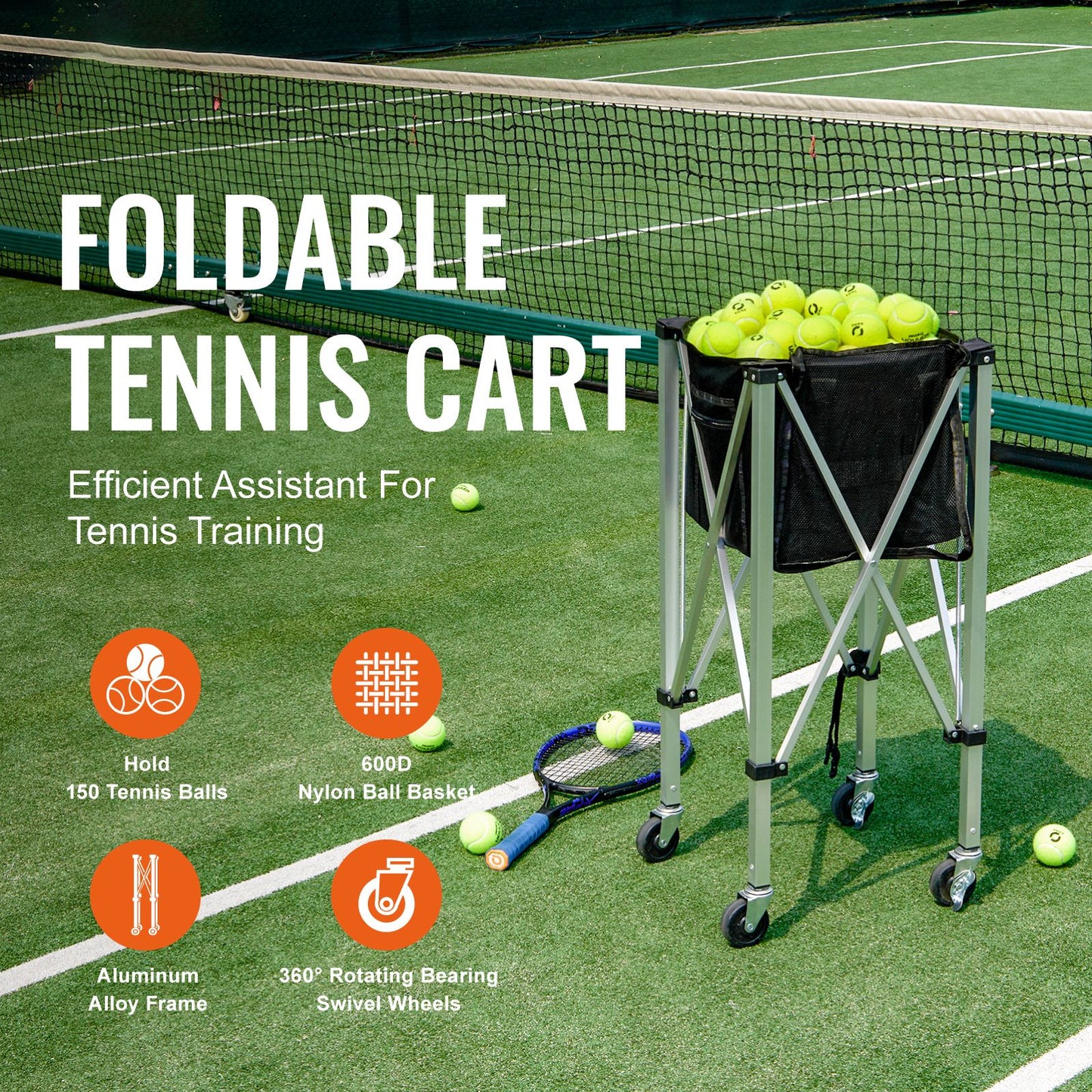 Foldable Tennis Ball Hopper, Holds 150 Tennis Balls, Lightweight Aluminum Alloy Tennis Ball Basket Cart with Wheels, Removable Bag, Carry Bag, Portable Sports Teaching Cart for Tennis Player