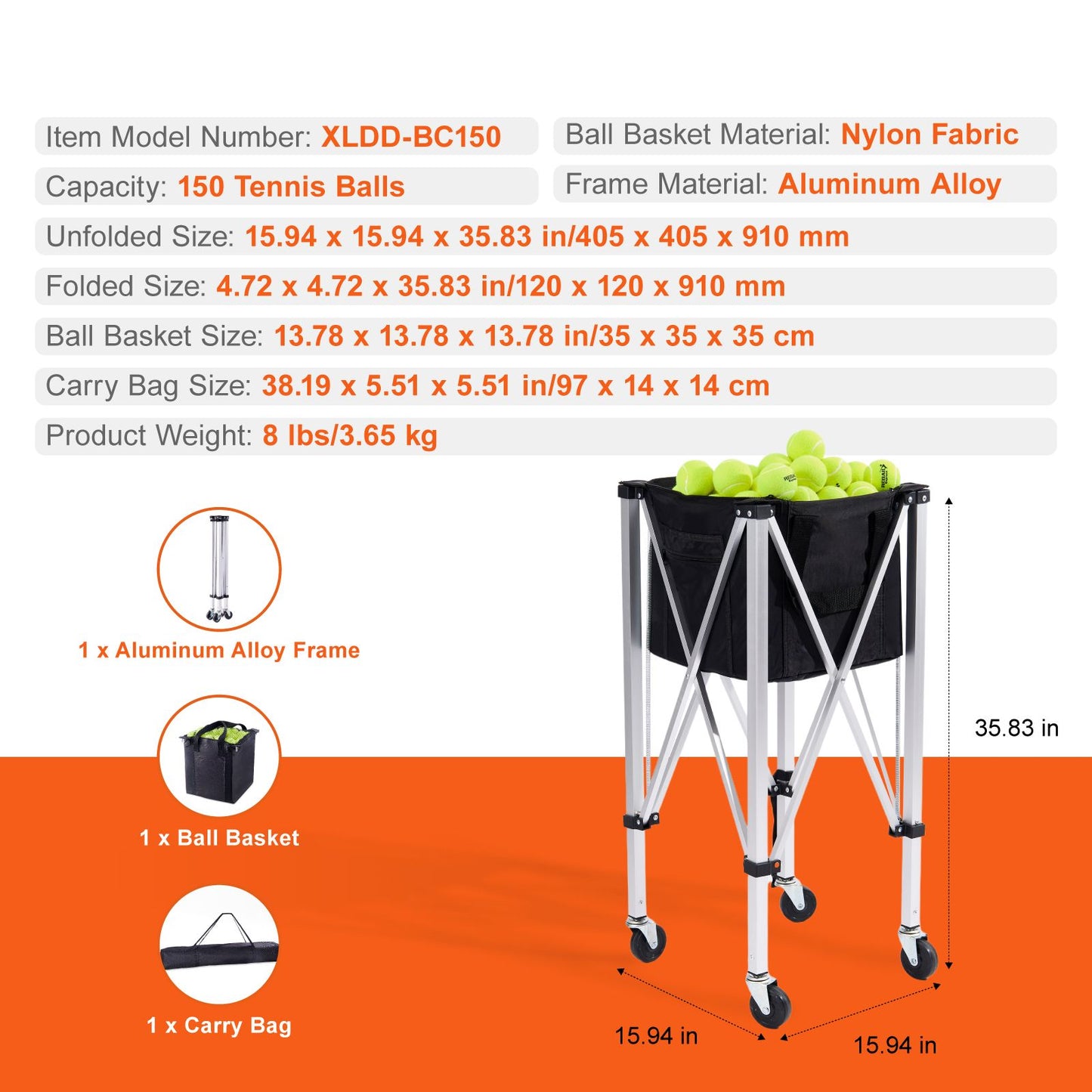 Foldable Tennis Ball Hopper, Holds 150 Tennis Balls, Lightweight Aluminum Alloy Tennis Ball Basket Cart with Wheels, Removable Bag, Carry Bag, Portable Sports Teaching Cart for Tennis Player