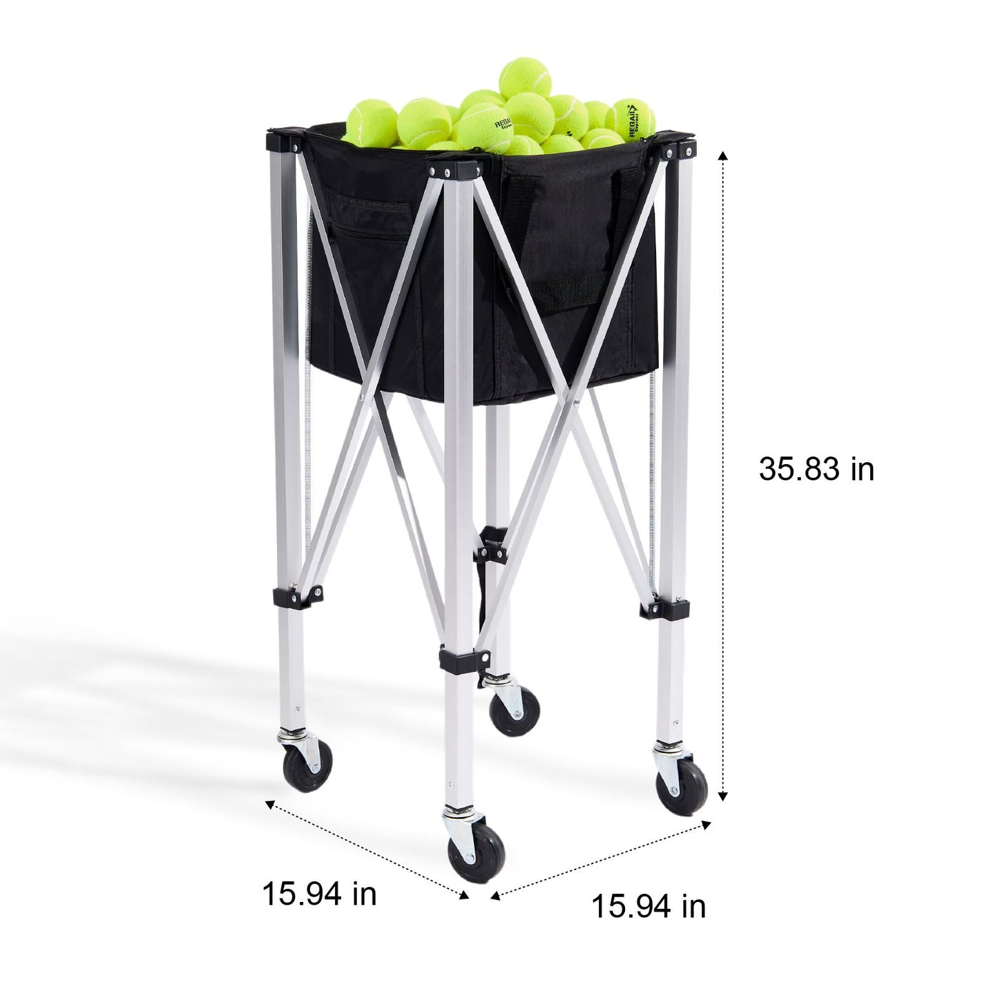 Foldable Tennis Ball Hopper, Holds 150 Tennis Balls, Lightweight Aluminum Alloy Tennis Ball Basket Cart with Wheels, Removable Bag, Carry Bag, Portable Sports Teaching Cart for Tennis Player