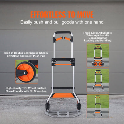 VEVOR Folding Hand Truck, 140 kg Load Capacity, Aluminum Portable Cart, Convertible Hand Truck and Dolly with Telescoping Handle and PP+TPR Wheels, Ultra Lightweight Super Strong for Moving Warehouse