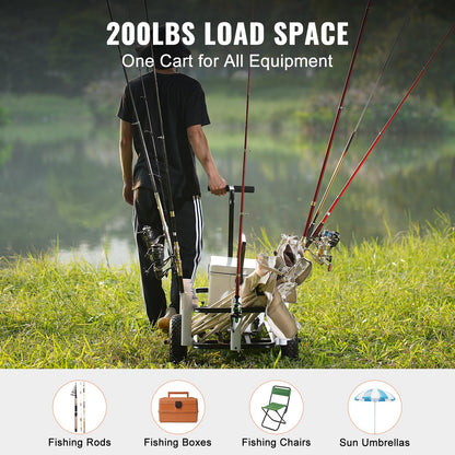 VEVOR Beach Fishing Cart, 91 kg Load Capacity, Fish and Marine Cart with Two 275 mm Big Wheels Rubber Balloon Tires for Sand, Heavy-Duty Steel Pier Wagon Trolley with 7 Rod Holders for Fishing, Picnic
