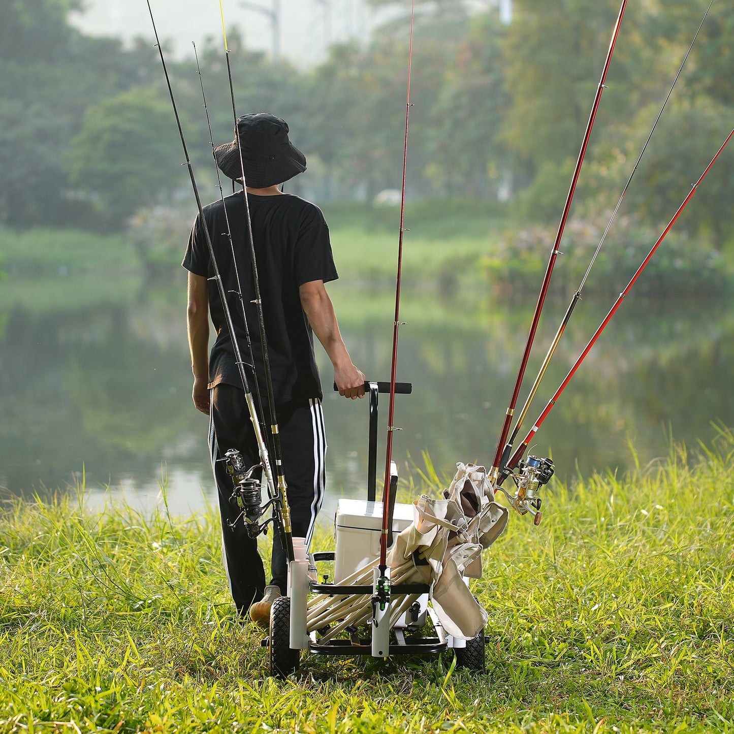 VEVOR Beach Fishing Cart, 91 kg Load Capacity, Fish and Marine Cart with Two 275 mm Big Wheels Rubber Balloon Tires for Sand, Heavy-Duty Steel Pier Wagon Trolley with 7 Rod Holders for Fishing, Picnic