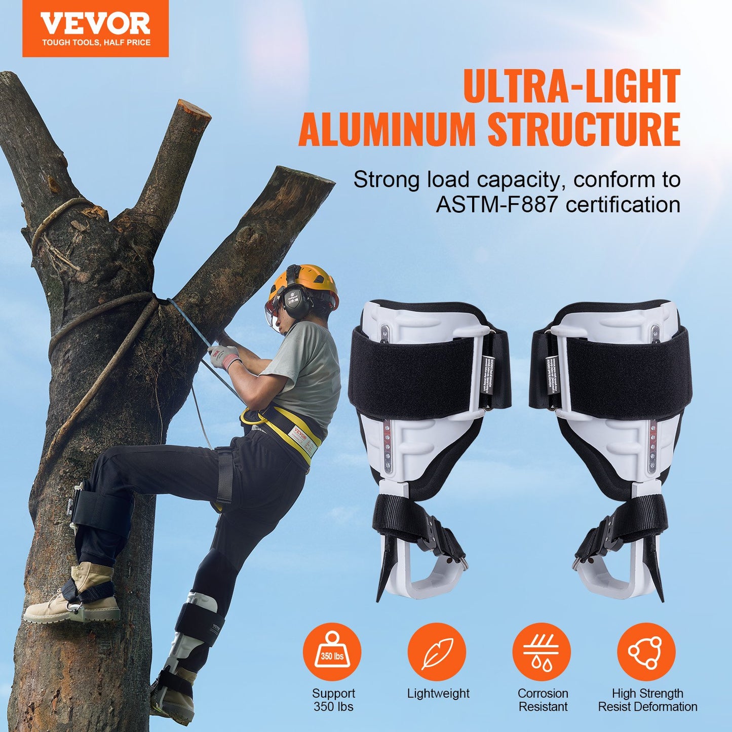 VEVOR Tree Climbing Spikes, 1 Pair Aluminum Climbing Spurs, 350lbs Load Capacity Tree Climbing Gear with Straps and Spike Protectors, Arborist Equipment for Climbers, Hunting, Fruit Picking, White