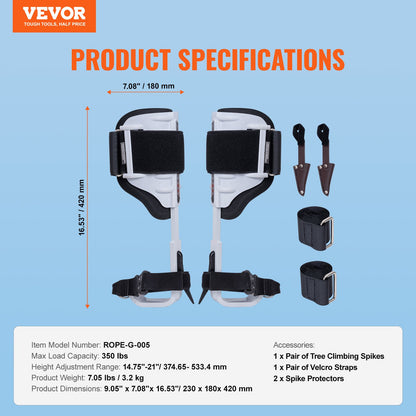 VEVOR Tree Climbing Spikes, 1 Pair Aluminum Climbing Spurs, 350lbs Load Capacity Tree Climbing Gear with Straps and Spike Protectors, Arborist Equipment for Climbers, Hunting, Fruit Picking, White