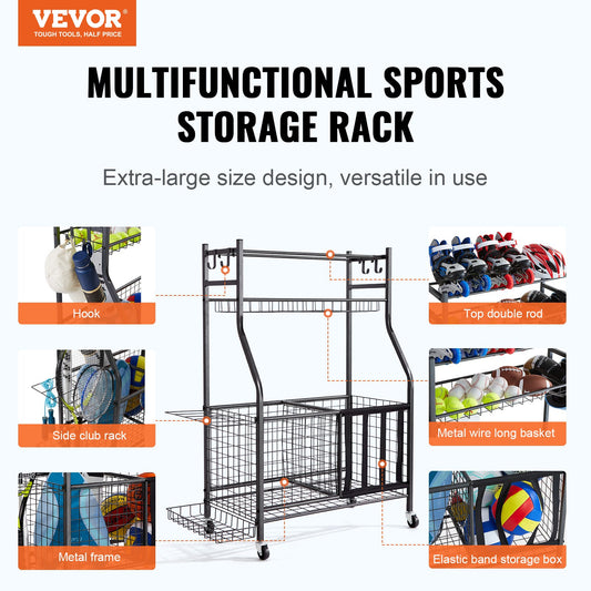 VEVOR Sports Equipment Garage Organizer, Rolling Ball Storage Cart on Wheels, Basketball Rack with Baskets & Hooks, Indoor/Outdoor Sports Gear and Toys Storage, Steel Sports Equipment Organizer, Black