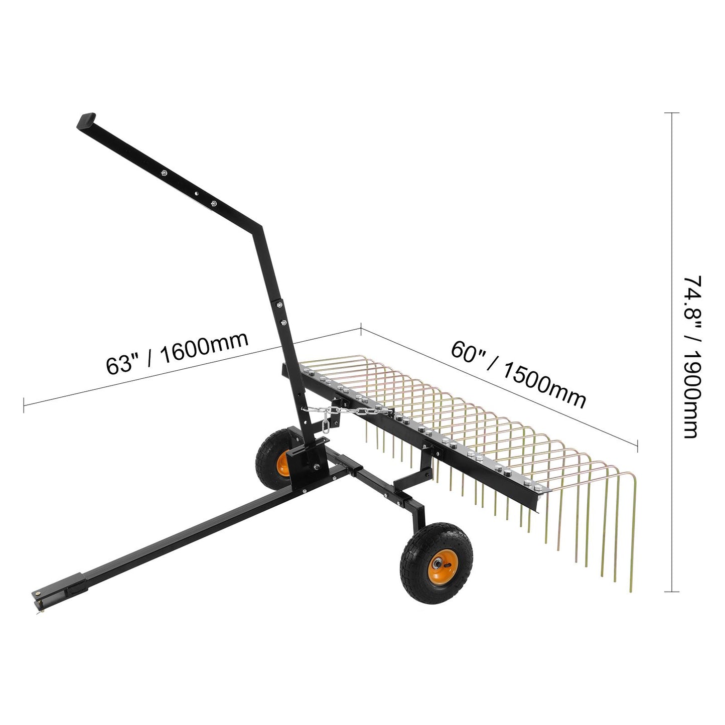 Tow Behind Dethatcher, 1.5m Tow Dethatcher with 24 Steel Tines, Lawn Dethatcher Rake for ATV or Mower, Tow Behind Lawn Rake with Lift Handle for Leaves, Pine Needles, and Grass