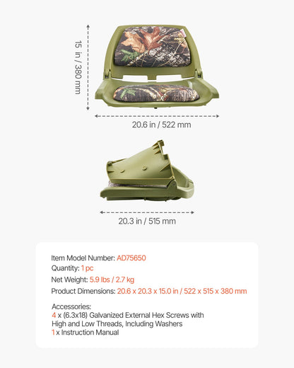 VEVOR Boat Seat, Low Backrest, Folding Fishing Boat Seat with Thickened Sponge Cushion & PU Polyester Fabric, Strong PP Frame, Flip Up Boat Seat for Fishing Boats, Yachts, Ships, Camouflage Color