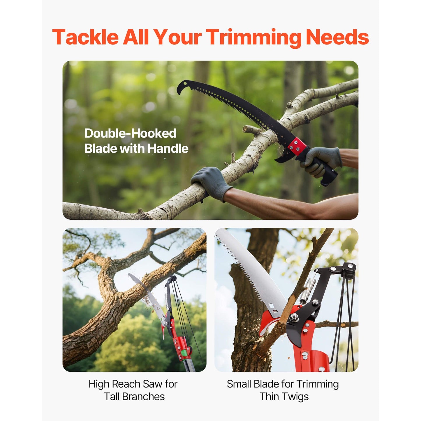 Manual Pole Saw, 118-809.3 cm Extendable Pole Tree Pruner with Scissors, Sharp 65Mn Steel Blade, Lightweight Fiberglass Handle Pole, for High Branch Trimming, Pruning Tool for Palms and Shrubs