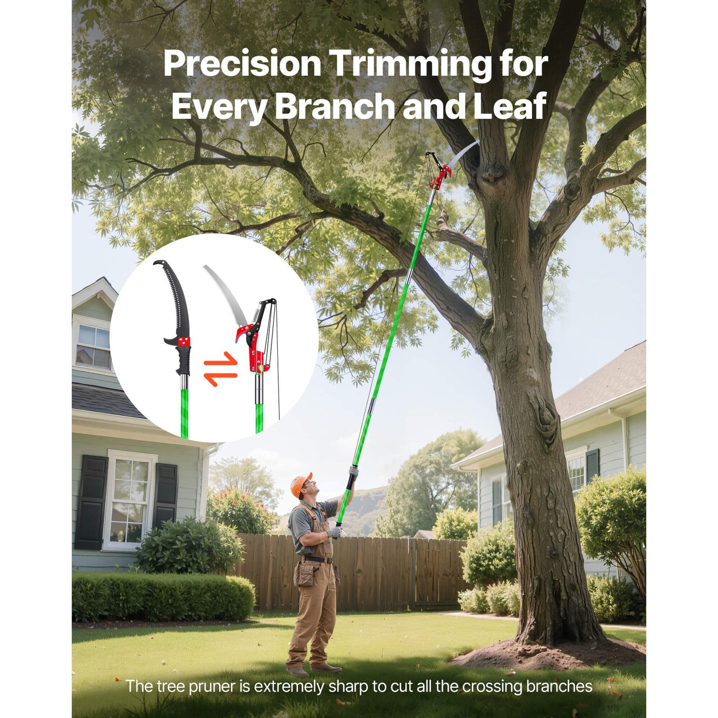 Manual Pole Saw, 118-809.3 cm Extendable Pole Tree Pruner with Scissors, Sharp 65Mn Steel Blade, Lightweight Fiberglass Handle Pole, for High Branch Trimming, Pruning Tool for Palms and Shrubs