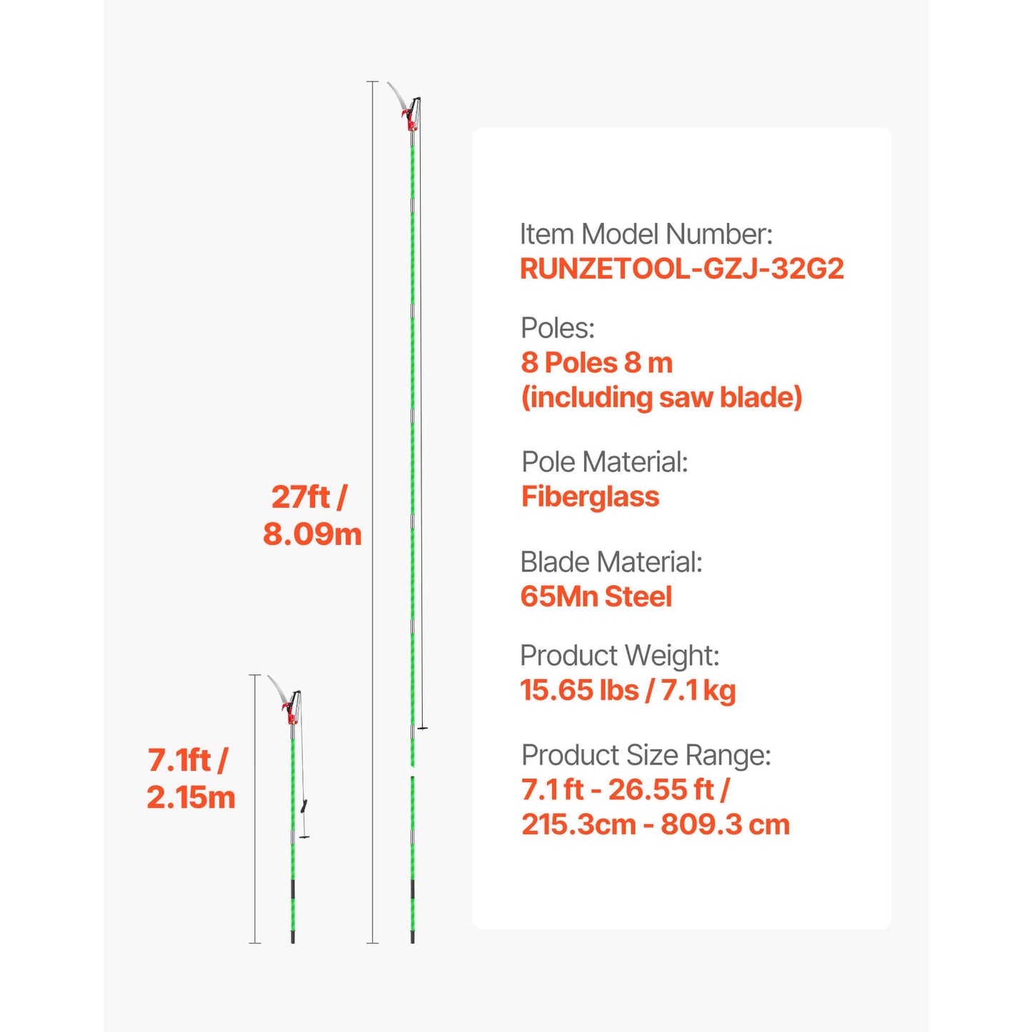 Manual Pole Saw, 118-809.3 cm Extendable Pole Tree Pruner with Scissors, Sharp 65Mn Steel Blade, Lightweight Fiberglass Handle Pole, for High Branch Trimming, Pruning Tool for Palms and Shrubs