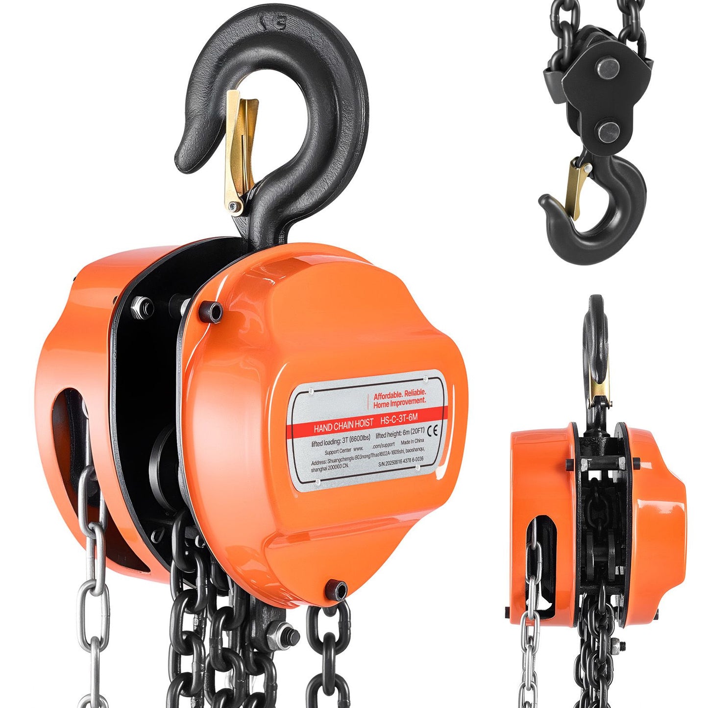 Hand Chain Hoist, 3 Ton Capacity, Manual Chain Block with Upgrade G80 Galvanized Chain, 6 m Lifting Height, Heavy Duty Pulley Hoist for Garage Warehouse Automotive Machinery, Orange