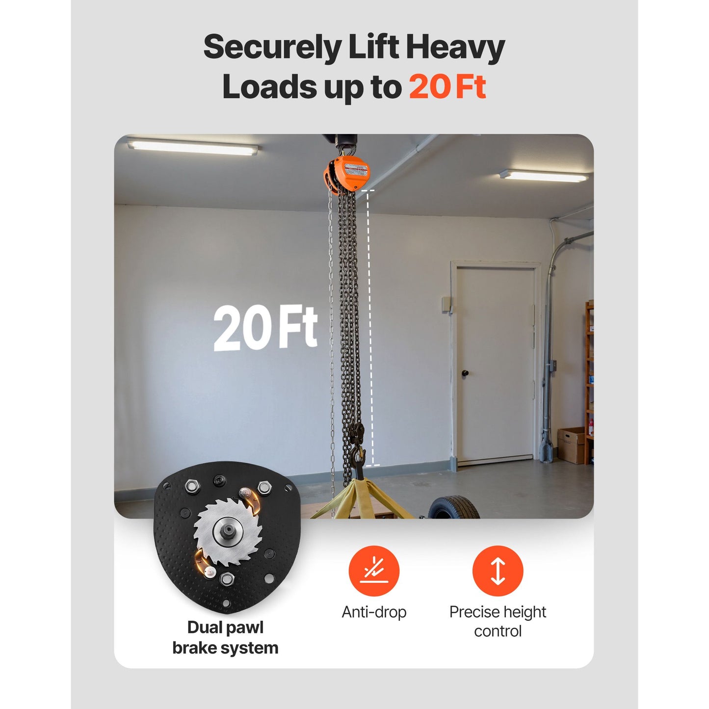 Hand Chain Hoist, 3 Ton Capacity, Manual Chain Block with Upgrade G80 Galvanized Chain, 6 m Lifting Height, Heavy Duty Pulley Hoist for Garage Warehouse Automotive Machinery, Orange