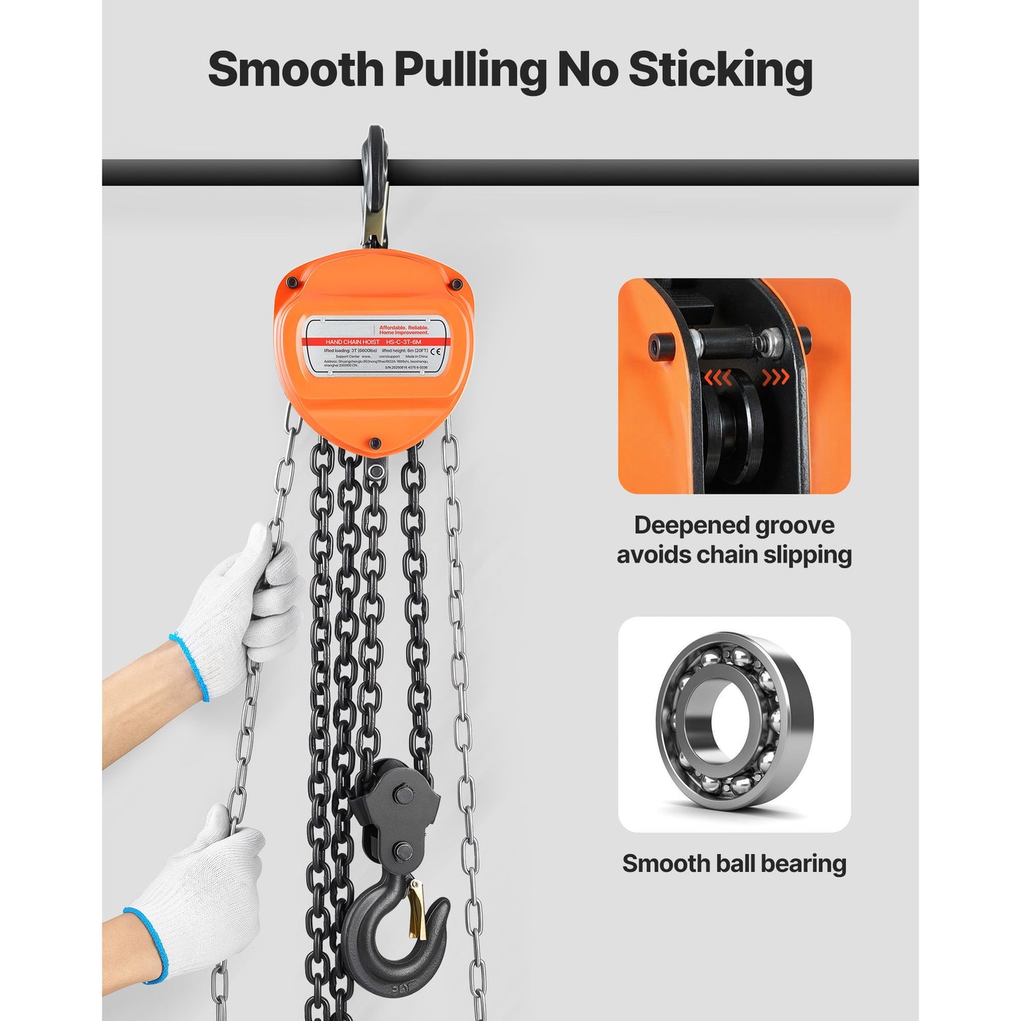 Hand Chain Hoist, 3 Ton Capacity, Manual Chain Block with Upgrade G80 Galvanized Chain, 6 m Lifting Height, Heavy Duty Pulley Hoist for Garage Warehouse Automotive Machinery, Orange