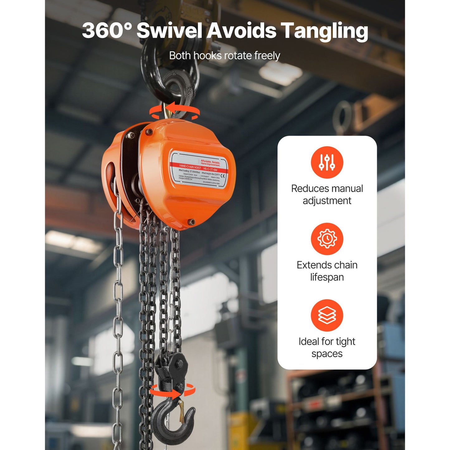 Hand Chain Hoist, 3 Ton Capacity, Manual Chain Block with Upgrade G80 Galvanized Chain, 6 m Lifting Height, Heavy Duty Pulley Hoist for Garage Warehouse Automotive Machinery, Orange