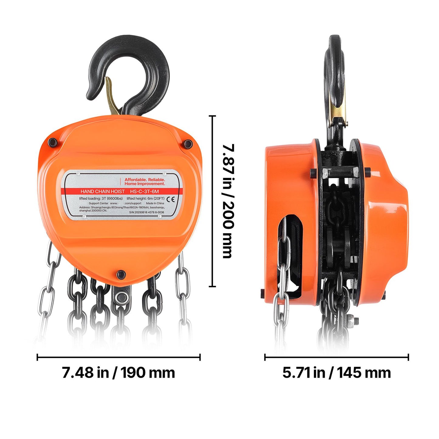 Hand Chain Hoist, 3 Ton Capacity, Manual Chain Block with Upgrade G80 Galvanized Chain, 6 m Lifting Height, Heavy Duty Pulley Hoist for Garage Warehouse Automotive Machinery, Orange
