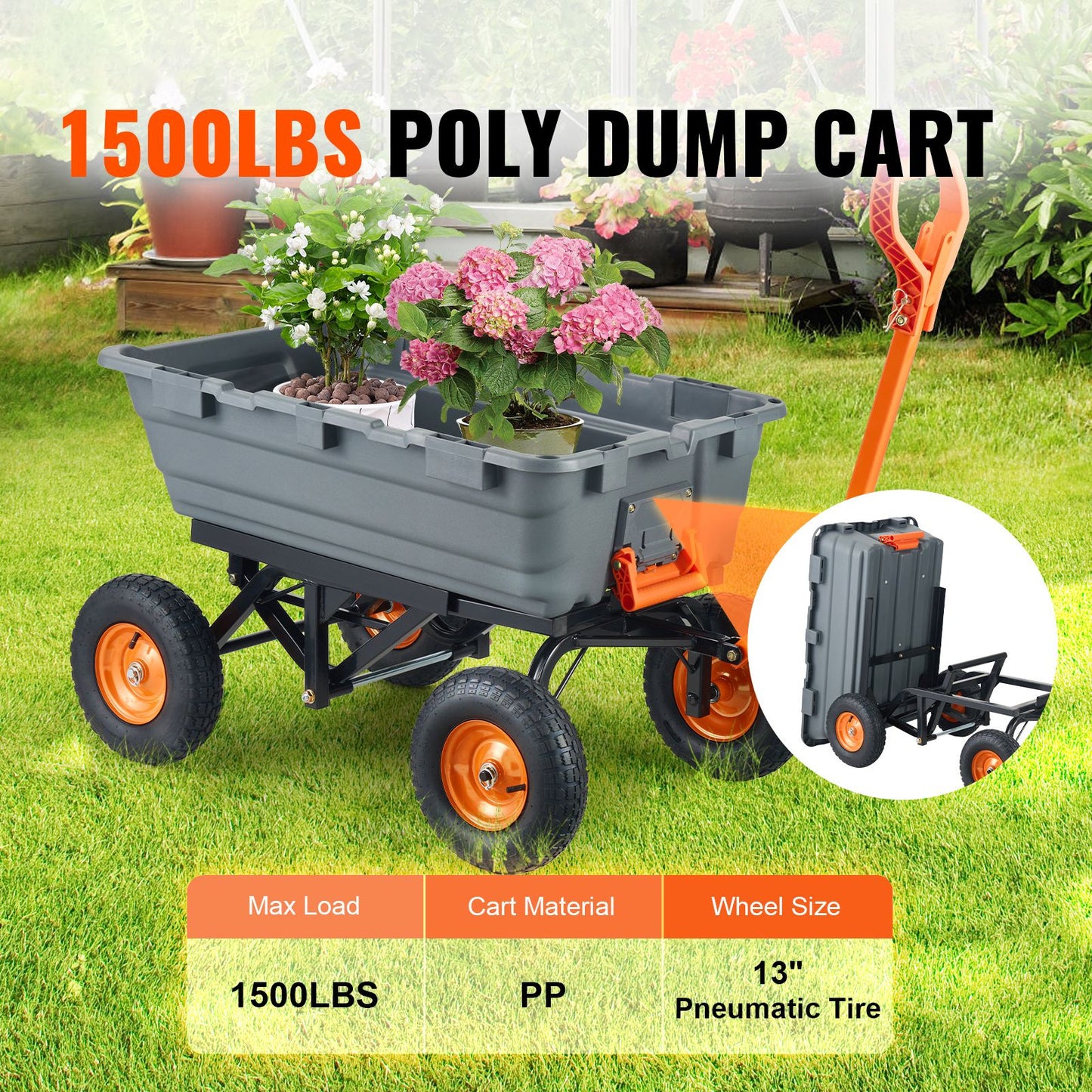 Dump Cart, Poly Garden Dump Cart with Easy to Assemble Steel Frame, Dump Wagon with 2-in-1 Convertible Handle, Utility Wheelbarrow 1500 lbs Capacity, 13 inch Tires