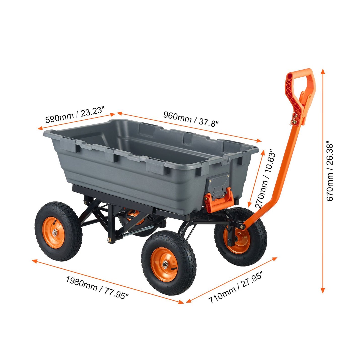 Dump Cart, Poly Garden Dump Cart with Easy to Assemble Steel Frame, Dump Wagon with 2-in-1 Convertible Handle, Utility Wheelbarrow 1500 lbs Capacity, 13 inch Tires