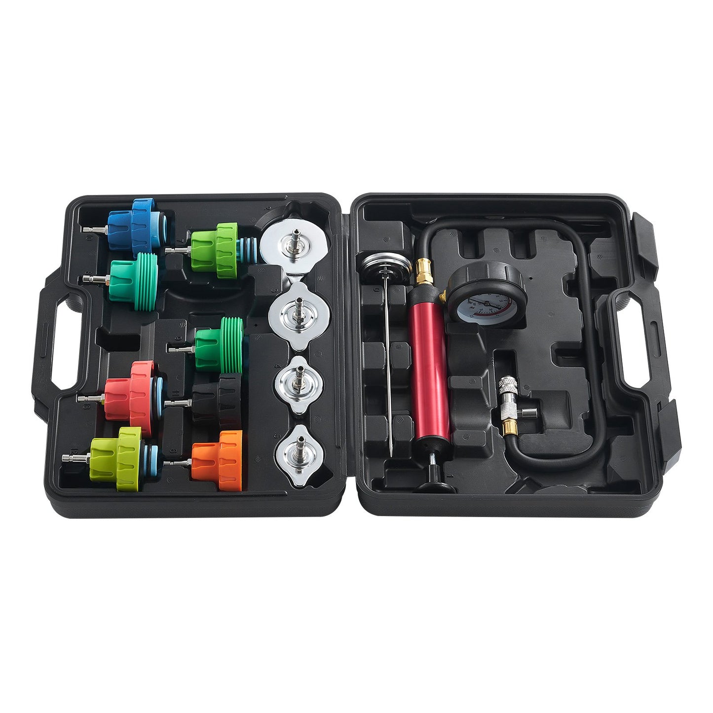14 pcs Universal Radiator Pressure Tester Kit, Coolant Pressure Tester Kit with Manual Pump and Color-coded Steel Test Cap Adapters, with Toolbox, For Cars Motorcycles Trucks Cooling System
