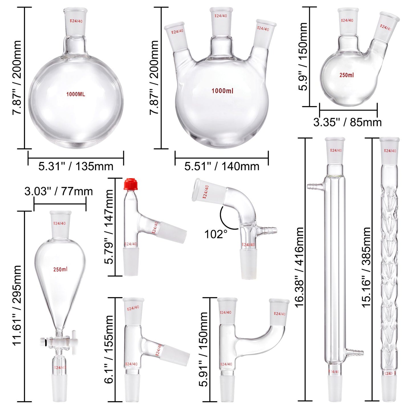 Lab Glassware Distillation Kit 1000ml 3.3 Boro 29 pcs Glassware Equipment