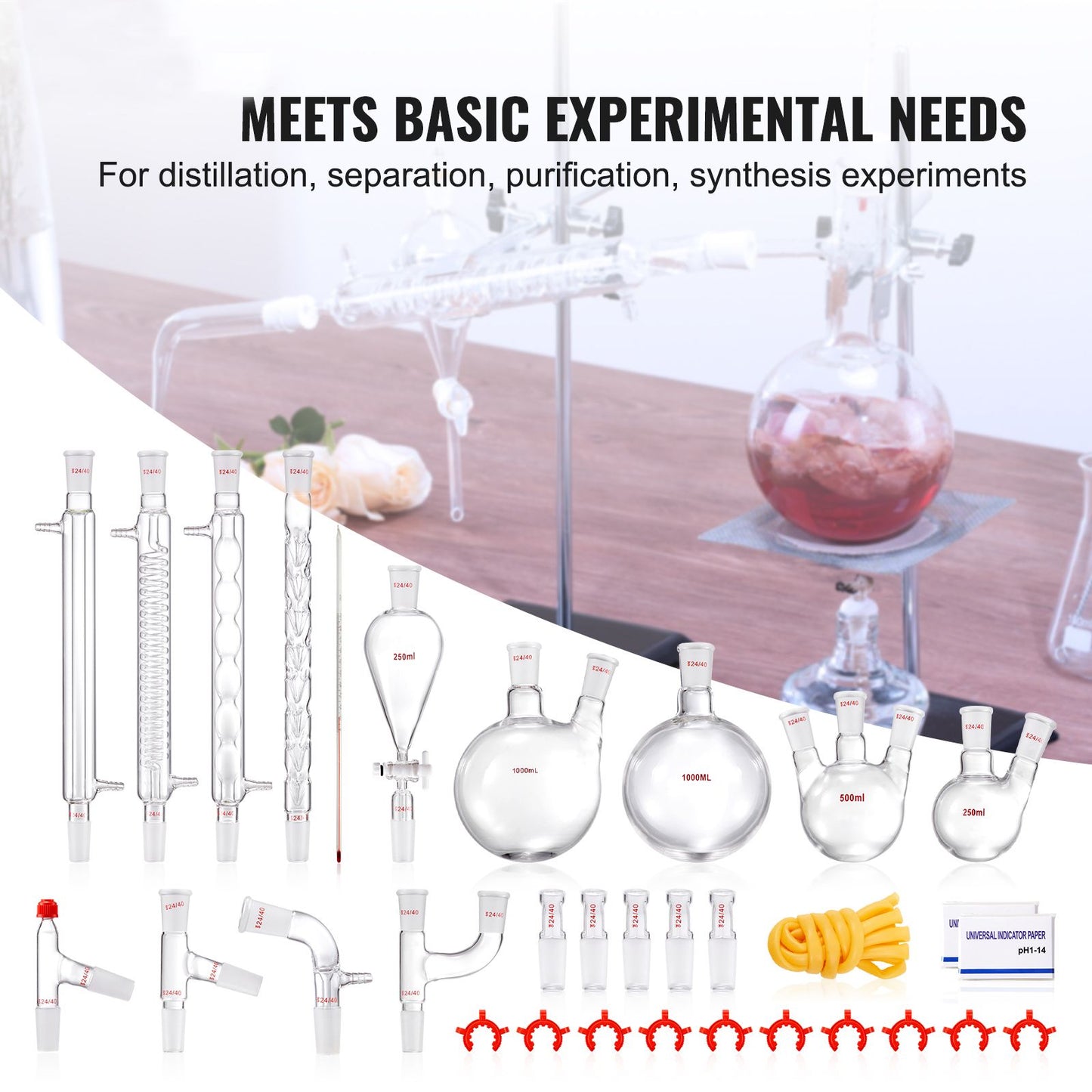 Lab Distillation Kit, 3.3 Boro Lab Glassware Distillation Kit with 24, 40 Joint, 1000ml Essential Oil Distillation Apparatus Kit, 32 pcs Set of Glassware Equipment